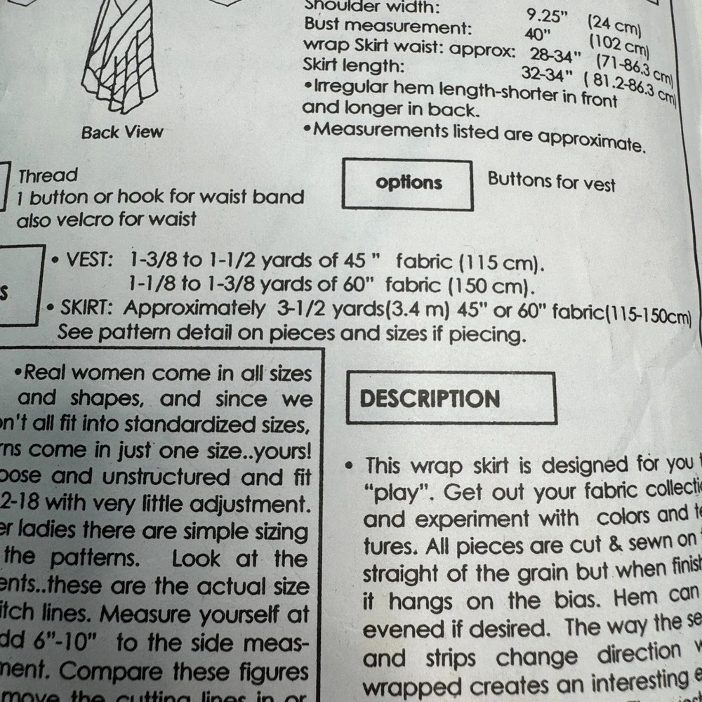 PARK BENCH Sewing Pattern No. 20 Woodstock Patchwork Skirt Vest Adjustable OS - Picture 6 of 8
